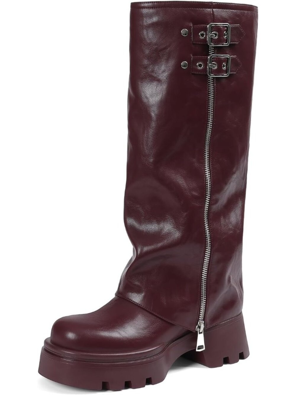 Women's Wine Faux Leather Chunky Heel Side Zipper & Metal Buckles Knee High Boot